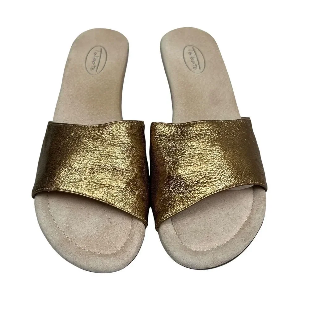 Talbots Womens Wedge Sandals Mule Leather Gold Bronze Cushioned Footbed Sz 8.5AA